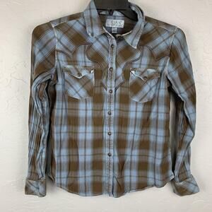 Ryan Michael Shirt Womens Medium Brown Blue Plaid Western Pearl Snap Long Sleeve